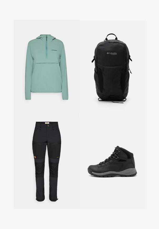 Lys tealfarget genserjakke med halvglidelås, justerbar hette og lommer foran. Laget av et glatt, lett stoff.; Svart Columbia t-skjorte med hvit sirkulær fjell- og elvlinjekunst og tekst "Columbia Sportswear Company Outside Since 1938."; Fjällräven KEB AGILE TROUSERS - Friluftsbukser - black; Sorte turstøvler med mid-topp design, som har en teksturert overdel, grå detaljer og slitesterk gummisåle med godt grep.; Svart Columbia Titanium ryggsekk med en glatt stoffoverflate, sidelommer, topphåndtak og justerbare stropper. Minimalistisk design med subtil merkevare.