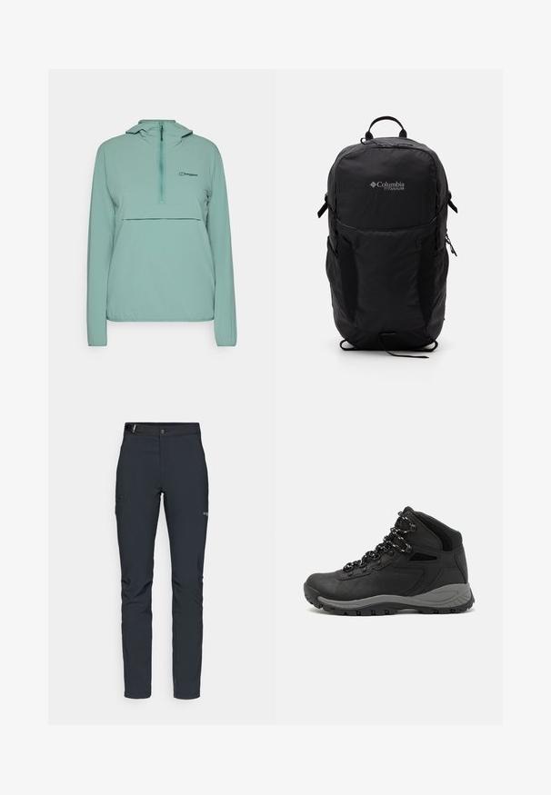 Šviesiai mėlynas pūstas džemperis su pusiau užtrauktuku, reguliuojama kapuce ir priekinėmis kišenėmis. Pagamintas iš lygaus, lengvo audinio.; Juodas "Columbia" marškinėliai su balta apskrita kalnų ir upės linijų grafika bei tekstu "Columbia Sportswear Company Lauke nuo 1938 metų."; Vyrų lauko kelnės, tamsiai pilkos, pagamintos iš elastingos medžiagos, su diržu, užtrauktukais užtraukiamomis kišenėmis ir sustiprinta siūle.; Juodas žygio botas su vidutinio aukščio dizainu, pasižymintis tekstūruota viršutine dalimi, pilkų akcentų ir patvaria guma padanga su sukibimo gumbais.; Juodas Columbia Titanium kuprinė su lygaus audinio tekstūra, šoninėmis kišenėmis, viršutine rankena ir reguliuojamomis petnešomis. Minimalistinis dizainas su subtiliu logotipu.