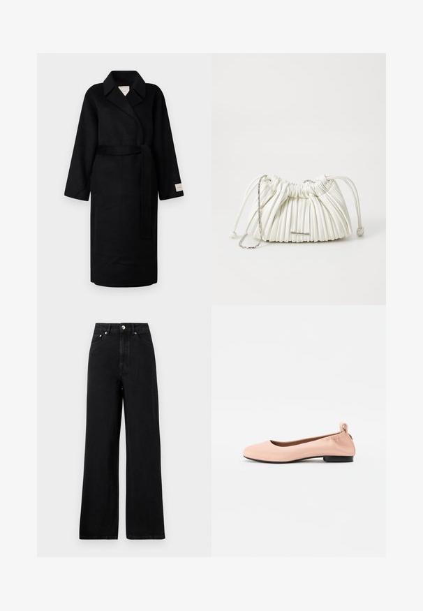 Μαύρο κασκόλ από μαλακό ύφασμα, με γιακά notch, φαρδιές μανίκες και αντίστοιχο ζωνάκι. Ετικέτα στον αριστερό μανίκι με λογότυπο.; Γκρίζο πλεκτό T-shirt με κοντά μανίκια, στρογγυλή λαιμόκοψη και λεία υφή. Διαθέτει μινιμαλιστική σήμανση κοντά στο στρίφωμα. Απλός, κλασικός σχεδιασμός.; Μαύρα τζιν με ψηλή μέση και φαρδιά σχεδίαση, διαθέτουν πέντε τσέπες και ασημί μεταλλικά αξεσουάρ. Μια ομαλή υφή στο σύνολό τους.; Ανοιχτό ροζ μπαλαρίνες από λείο υλικό με στρογγυλή μύτη, ευλύγιστη πλάτη και μικρό μαύρο τακούνι.; Λευκή πλισέ τσάντα χειρός κατασκευασμένη από μαλακό υλικό. Διαθέτει κλείσιμο με κορδόνι, πλεχτούς χειρολαβές και ασημί αξεσουάρ.