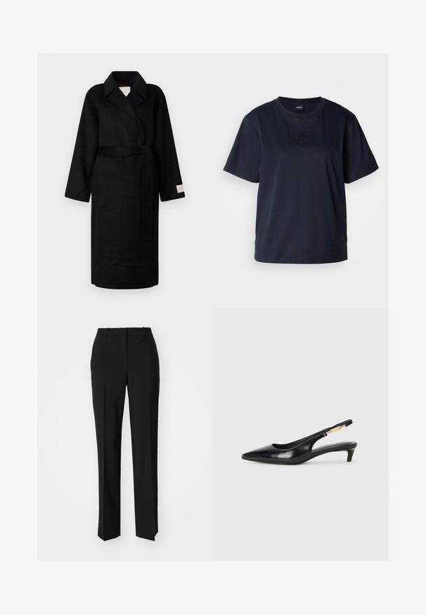 Melna apmetņa jaka, izgatavota no mīksta auduma, ar grieztu apkakli, plašām piedurknēm un atbilstošu siksnu. Uz kreisās piedurknes ir birka ar logo.; Tumši zila īsām piedurknēm T-kreklu, kas izgatavots no mīksta kokvilnas. Tam ir apaļa apkakle un diskrēts izšūts logos uz krūšu daļas.; Melnas pielāgotas bikses ar taisnu kāju dizainu, kas raksturojas ar gludu faktūru un asiem krokām pa priekšu. Nav redzamu metāla detaļu.; Melnas ādas slingback zābaki ar smailu purngalu, ar šauru papēdi un zelta krāsas akcentu uz regulējama siksniņas. Gluda tekstūra.