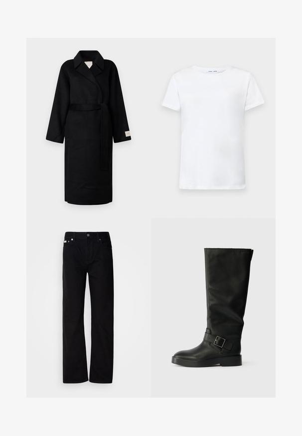 Fekete, puha anyagból készült átlós kabát, kihajtós gallérral, széles ujjakkal és hozzáillő övvel. A bal ujján logós címke található.; Fehér, rövid ujjú póló, pamutból készült, kerek nyakkivágással. Sima textúrájú, egyenes vonalú, minta vagy díszítés nélkül.; Fekete farmer egyenes fazonú nadrág öt zsebbel, ezüst szegecsekkel és gombos zárással. Az anyaga sima, enyhén texturált felületű.; Fekete, térdig érő csizmák, sima bőrből, lekerekített orral, vastag talppal és egy vízszintes pánttal, amely téglalap alakú csat részlettel rendelkezik.
