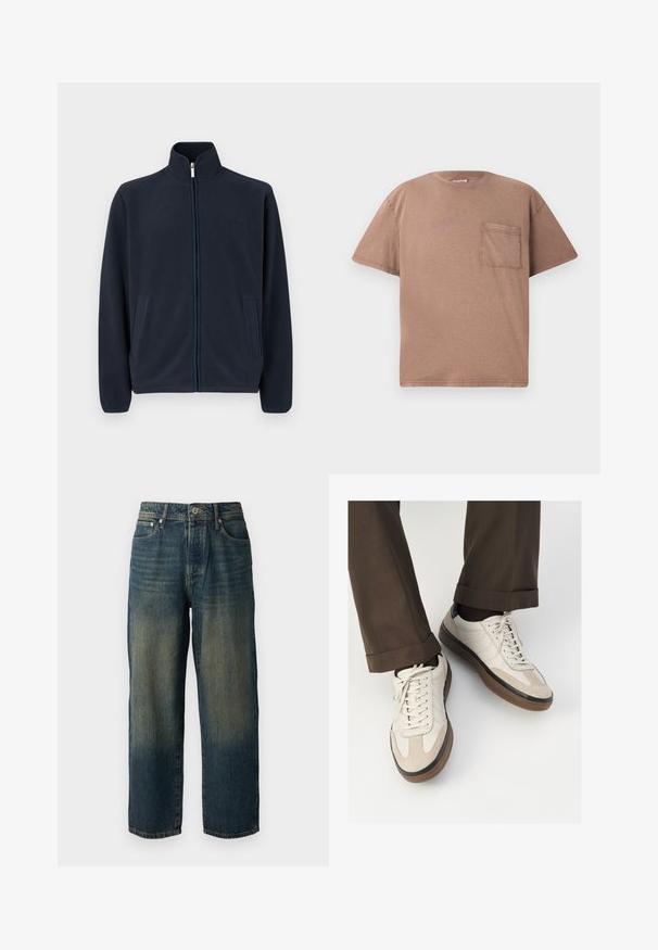Tumed sinine fliistekott kõrge kraega, ees lukuga ja kahe küljetaskuga. Rinnal on diskreetne brändi logo. Sile tekstuur.; Lühikeste varrukatega, ümara kaelusega t-särk heledast pruunist puuvillast, ühe rinnatasku ja kerge tekstuuriga. Sirge lõige puhaste servadega.; Sinine denimpüksid sirge lõikega, millel on pleekinud disain heledama varjundiga alläärtes, viis taskut ja nööpidega sulgus.; Bežid spordijalised, millel on tekstuuriga suede esiosa, siledast nahast küljed ja pruun kummitald. Lisatud on paelad ja heledad õmbluse detailid.