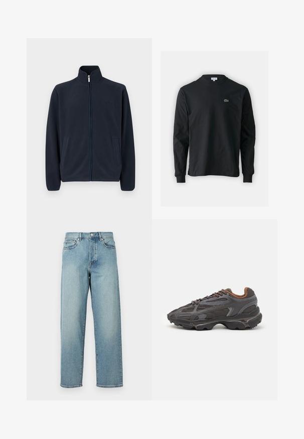 Tumed sinine fliistekott kõrge kraega, ees lukuga ja kahe küljetaskuga. Rinnal on diskreetne brändi logo. Sile tekstuur.; Must musta särk pikad varrukad, valmistatud puuvillast, ümar kaelus ja vasakul rinnal väike rohelise värvi tikandiga krokodillilogoga.; Heledad sinised teksad, mis on laia lõikega, sirged jalad, viie tasku disain ja nupuga kinnitamine vööl. Minimalistlik õmbluse detail.; Tumed hallid Lacoste tossud, mis on valmistatud võrkkangast ja sünteetilisest materjalist, omavad tekstureeritud talla ning pruune aktsente kaeluse ja brändingu juures.