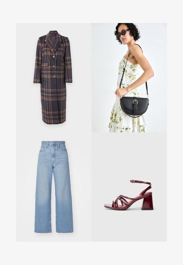 Langer Karomantel in Marineblau, Braun und Beige. Hergestellt aus strukturiertem Stoff mit Reverskragen, Vorderknöpfen und zwei Seitentaschen.; Dunkelgraues, oversized T-Shirt aus Baumwolle, das auf der Vorderseite mit einem zentralen Sonnenmotiv und komplexen Liniendetails bedruckt ist.; Hellblaue High-Waist-Weite-Leg-Jeans mit Knopf- und Reißverschluss vorne, Vorder- und Rückentaschen, auf weißem Hintergrund.; Lackrote burgundfarbene Sandalen mit Absatz und quadratischer Zehenpartie, die mehrere miteinander verflochtene Riemen und einen klobigen Blockabsatz aufweisen. Verstellbarer Knöchelriemen.; Schwarze Lederhandtasche mit geschwungener Form, abnehmbarem Tragegurt und goldenen Beschlägen. Die Tasche verfügt über einen Deckel mit einer Schnallen-Details.