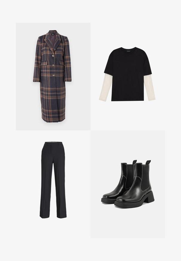 Long manteau à carreaux en bleu marine, marron et beige. Confectionné en tissu texturé avec un col cranté, des boutons sur le devant et deux poches latérales.; T-shirt noir en coton, avec des manches courtes sur une couche à manches longues blanche avec un motif texturé subtil. Col rond.; Pantalons noirs taille haute avec une coupe droite. Fabriqués à partir d'un tissu lisse, ils présentent des plis avant et des poches latérales.; Bottes Chelsea en cuir noir avec un talon épais, des panneaux latéraux élastiques et des coutures blanches contrastantes. Fini texturé.