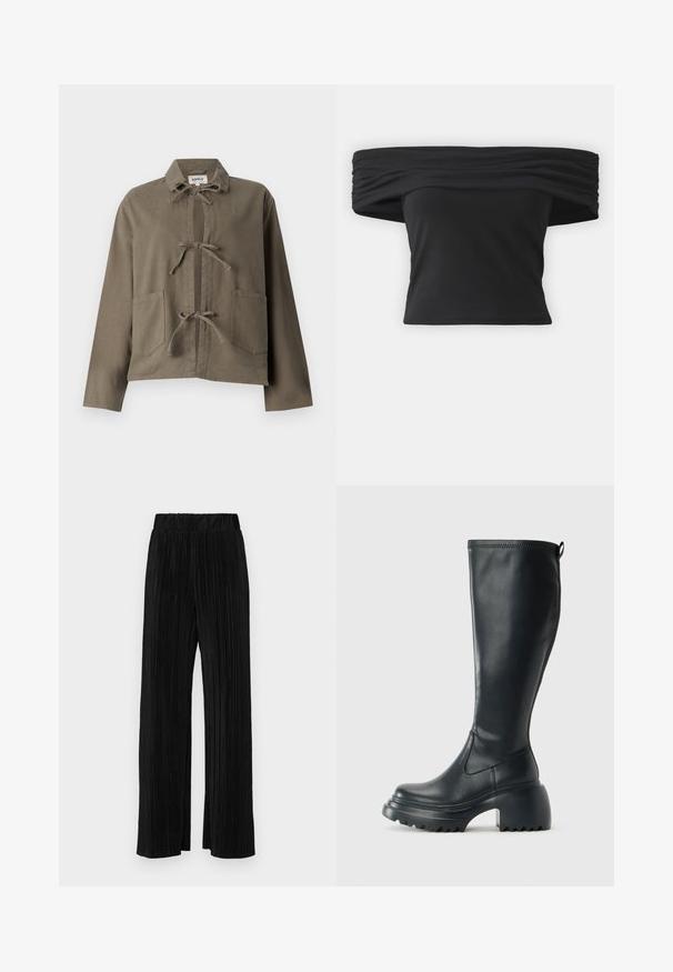 Olīvzaļš džemperis ar apkakli, divām priekšējām kabatām un centrālo atveri, kas sasieta ar auduma cilpām. Izgatavots no mīksta, teksturēta materiāla.; Melna blūze ar noslīpētu plecu daļu, ar savilkta tekstūra ap kaklu, īsām piedurknēm un pielāgotu, īsu dizainu. Izgatavota no elastīga materiāla.; Melni plīšu bikses ar elastīgu jostu. Tām ir platākas kājas un gluda, teksturēta auduma ar vertikālām svītrām.; Augstas melnas ādas zābakus ar masīvu platformu un bloka papēdi, ar vilkšanas cilpu un strukturētu profilu uz ārējā zoles.