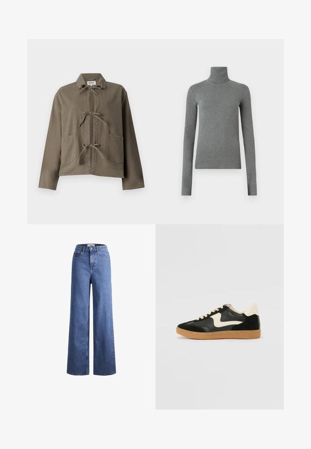 Olive green jacket with a collar, two front pockets, and a central opening tied with fabric loops. Made of soft, textured material.; Gray turtleneck shirt made of smooth, stretchy fabric. Long sleeves, fitted design, minimal texture, with no visible patterns or hardware.; Light blue denim wide-leg jeans with a high waist, two front pockets, and visible stitching. Features a button and zipper closure.; Black suede and leather sneaker with a cream side swoosh and light cream heel. Features beige laces and a gum rubber outsole.