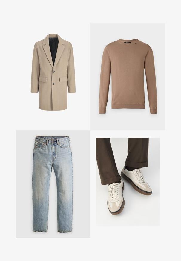 Béžový kabát s klopami, jedným gombíkom na zapínanie a dvomi prednými vreckami. Vyrobený z textúrovanej látky s hladkým vnútorným podšívaním.; Bežový sveter s dlhým rukávom a okrúhlym výstrihom, vyrobený z mäkkej, textúrovanej látky. Obsahuje rebrované manžety a lem, ako aj malý logotyp.; Svetlomodré džínsy s vysokým pásom, predným gombíkom, zipsom a dizajnom s piatimi vreckami, rozložené na neutrálnom pozadí.; Béžové tenisky s textúrovanou zamšovou prednou časťou, hladkými koženými bočnými stranami a hnusou gumovou podrážkou. Obsahujú šnúrky a svetlé stehy ako detail.