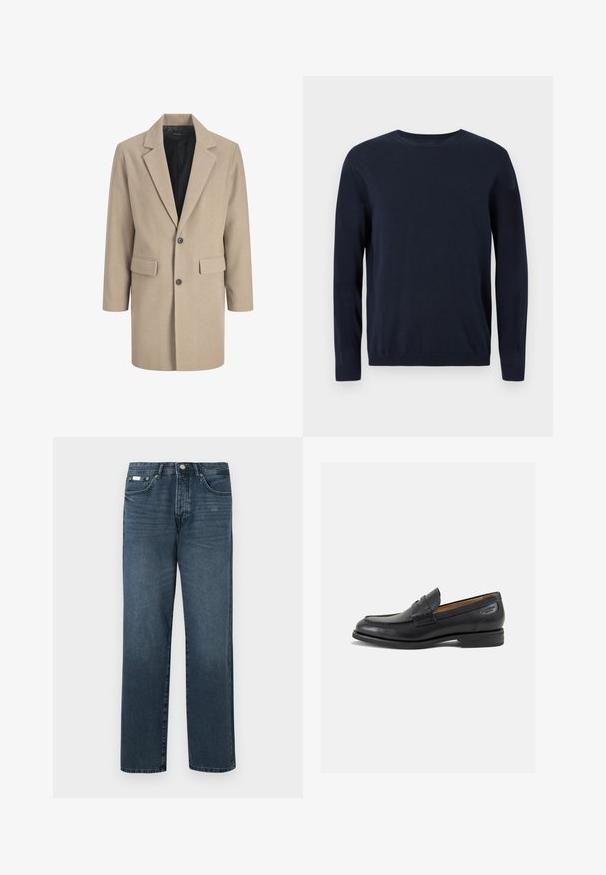 Cappotto beige con revers a punta, chiusura a un bottone e due tasche frontali. Realizzato in tessuto testurizzato con una fodera interna liscia.; Maglione lavorato a maglia blu navy con maniche lunghe, scollatura a girocollo e polsini e orlo a coste. Presenta un piccolo logo sul petto.; Jeans in denim blu scuro con vestibilità dritta, cinque tasche, passanti per cintura e zip frontale. Tessuto liscio con dettagli di sfumatura discreti.; Mocassini in pelle nera con finitura liscia, punta arrotondata e cuciture decorative sulla tomaia. Tacco basso impilato e leggero lucido.