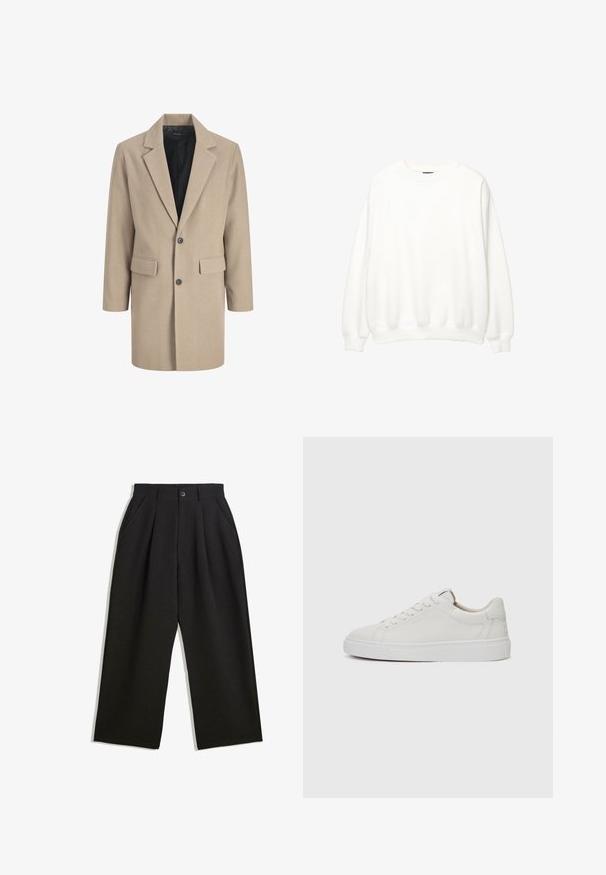 Beżowy płaszcz z klapami, z pojedynczym zapięciem na przycisk i dwoma przednimi kieszeniami. Wykonany z fakturowanej tkaniny z gładką podszewką.; Biała bluza, okrągły dekolt, długie rękawy, luźny krój. Miękka tkanina z ściągaczami przy mankietach i dolnym obszyciu. Minimalistyczny design, bez widocznych logo i wzorów.; Czarne spodnie o luźnym kroju, z zakładkami z przodu, kieszeniami po bokach i zapięciem na guzik. Wykonane z fakturowanej tkaniny.; Białe skórzane sneakersy niskie z okrągłym noskiem, płaską białą gumową podeszwą i minimalistycznymi detalami w szwie. Sznurówki zabezpieczone przez sześć oczek.