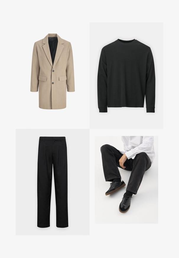 Beige kappa med slagkrage, enkel knappstängning och två framfickor. Tillverkad av strukturerad tyg med en slät innermembran.; Långärmad svart T-shirt gjord av bomull, med rund halsringning, lös passform och ribbade ärmslut. Slät textur utan synliga mönster.; Svarta byxor i slät väv, med rak ben-design, två framfickor och standardmidja med bälteshällor.; Svarta sneakers med en slät och texturerad ovandel, med en gummisula och mörka snören. I kombination med svarta jeans och en vit randig skjorta.