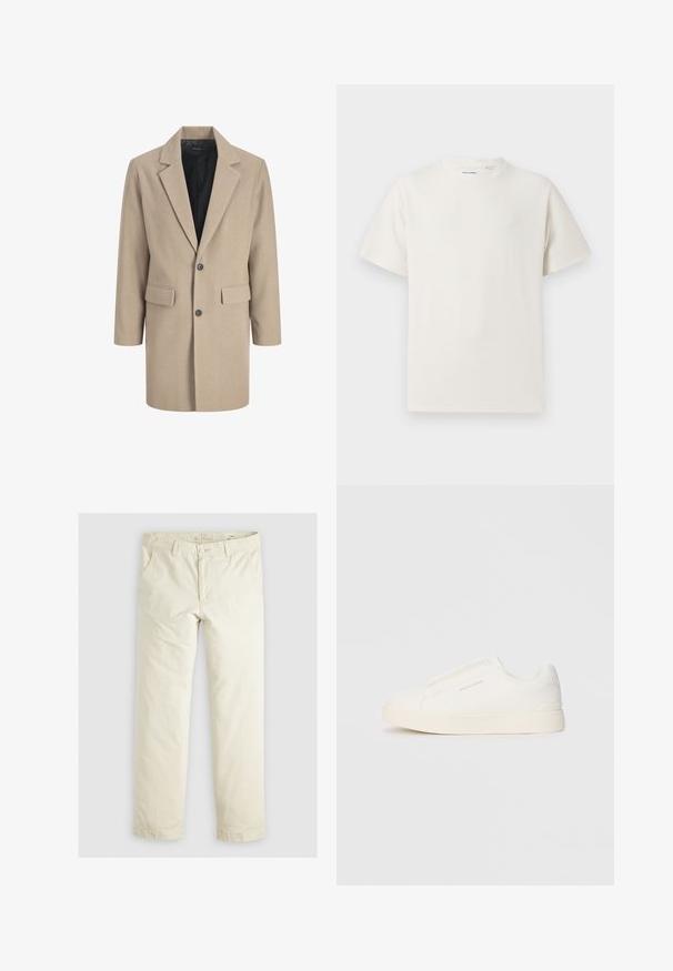 Beige frakk med notched revers, enkel knappelukking og to frontlommer. Laget av teksturert stoff med en glattet innvendig foring.; Hvit T-skjorte med kort erm i ribbestrikket tekstur. Rund hals, avslappet passform, ingen synlige mønstre eller detaljer. Enkelt og allsidig design.; Lys beige løse bukser med tre lommer, beltestropper og rett ben-design. Laget av et mykt bomullsblandingsstoff.; Hvite slip-on joggesko med teksturert overflate, tykk såle og minimalistisk design. Har merkevarelogo på siden.