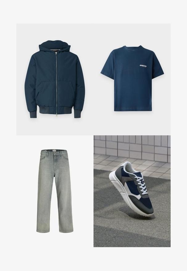 Giubbotto imbottito blu navy con cappuccio, zip frontale, due grandi tasche e polsini elasticizzati; realizzato in un tessuto liscio e resistente.; T-shirt in cotone blu navy con maniche corte e scollatura rotonda. Presenta un piccolo logo bianco sull'area a sinistra del petto. Texture morbida.; Jeans grigi chiaro, con vestibilità comoda, realizzati in denim. Presentano un classico design a cinque tasche, passanti per cintura e una silhouette a gamba dritta.; Sneaker con tomaia in rete blu navy, inserti in suede grigio, suola in gomma bianca e lacci bianchi piatti, progettata per comfort e traspirabilità.