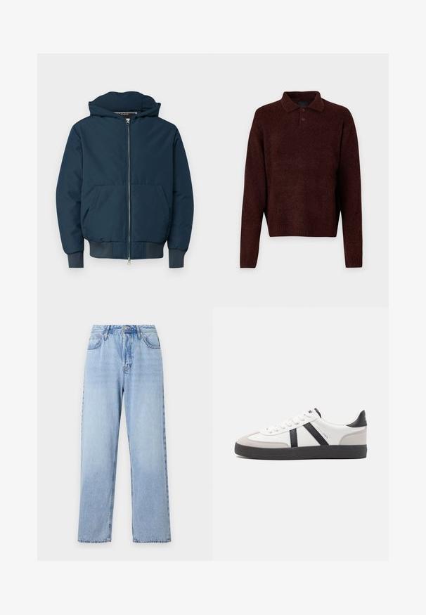 Navy blue padded jacket with a hood, front zipper, two large pockets, and elastic cuffs; made from a smooth, durable fabric.; Brown knitted pullover with a polo collar, three buttons at the neck, and long sleeves. Soft texture, ribbed cuffs, and hem.; Light blue denim jeans with a straight fit, high waist, five pockets, and top button closure. Features faded wash and contrast stitching.; White sneaker with black and gray accents, featuring a textured gray toe cap, black rubber sole, and flat white laces. Clean design, minimalist style.