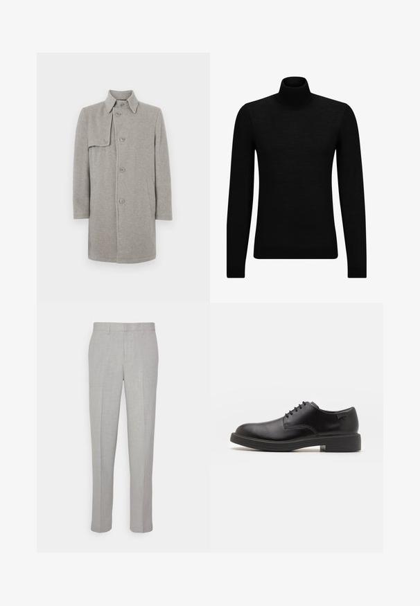 Cappotto in misto lana grigio con colletto, chiusura a bottoni e tasca a toppa sul lato sinistro. Maniche lunghe con silhouette dritta.; Maglione a collo alto nero realizzato in materiale morbido, con maniche lunghe e vestibilità aderente. Bordo a coste all'orlo e ai polsini. Design semplice.; Pantaloni grigi chiari con una texture liscia, frontale piatto e gambe dritte. Realizzati in tessuto traspirante, dotati di tasche interne e passanti per cintura.; Scarpa nera in pelle con lacci, punta tonda, texture liscia, cuciture minime e tacco in gomma basso. Logo sul tacco.