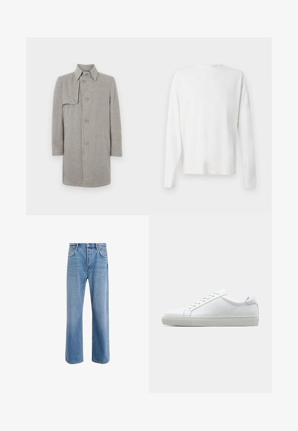 Pelēks vilnas maisījuma mētelis ar apkakli, pogu aizdari un kreiso sānu kabatu. Garas piedurknes ar taisnu siluetu.; Garums piedurkņu baltā kokvilnas krekls ar apaļu dekoltē, sānu šķēlumiem apakšā un gludu tekstūru, redzams no aizmugures.; Gai zilas džinsu bikses ar taisnām kājām, piecām kabatām, pogu aizvēršanu, minimālu izbalēšanu un kontrastējošiem šuvju elementiem.; Baltie sporta apavi ar gludu ādas virsu un zemu profilu. Iezīmējas ar noapaļotu purngalu, sešām acīm un teksturētu gumijas zoli.