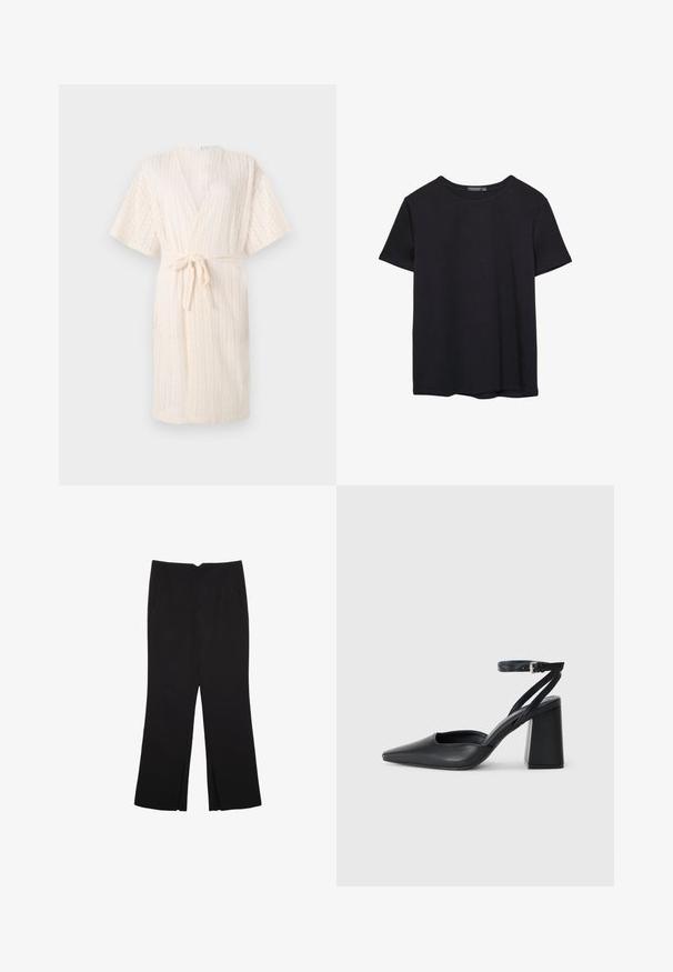 Jasnobeżowy szlafrok w stylu kimono z wiązaniem w talii, z wyraźnym wzorem w zygzaki i krótkimi rękawami, wykonany z przewiewnego materiału.; Prosta, krótko rękawowa czarna koszulka bawełniana z okrągłym dekoltem, prezentowana na białym tle.; Czarne spodnie o prostym kroju, z przednimi kieszeniami i bocznymi rozcięciami na dole. Wykonane z miękkiego, gładkiego materiału. Odpowiednie na różne okazje.; Czarne skórzane czółenka z ostrym noskiem, z paskiem na kostce i grubym obcasem. Gładka faktura, elegancki design i minimalistyczna estetyka.