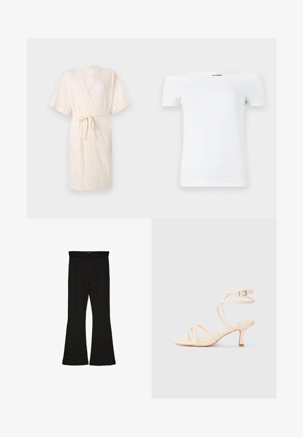 Lys beige kimono-stil badekåbe med bindebælte, der har et struktureret chevronmønster og korte ærmer, lavet af åndbart stof.; Hvid off-shoulder t-shirt med korte ærmer, lavet af blødt bomuldsstof, med en tætsiddende pasform og en lige bundkant.; Sorte flared leggings lavet af strækbart stof. Har en bred talje og en glat tekstur, med en tætsiddende silhuet der bredder sig ved sømmen.; Nøgen båndsandale med tynde krydsede stropper, firkantet tå og en mellemhøj hæl. Har en spænde ved anklen og en glat tekstur.