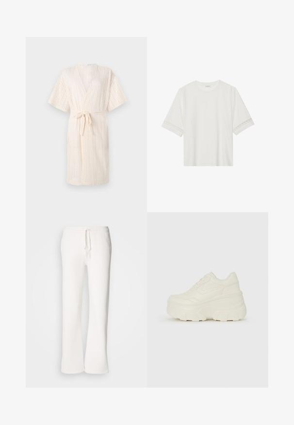 Helebeige kimono stiilis rihmaga vihmavari, millel on reljeefne chevroni muster ja lühikesed varrukad, valmistatud hingavast materjalist.; Valge lühikese varrukaga T-särk, mis on valmistatud puuvillast, kaunistatud pitsiga varrukate ääres ja ümmarguse kaelusega.; Valged, mugavad spordipüksid, mis on valmistatud pehmest kangast, elastse talje ja nööridega, sirgete jalgadega disainiga.; Valged platvormi tõusukingad, millel on siledast nahast meenutav pealis, ümar kuju, pehmendatud kaelus ja tekstureeritud kummitald koos selgete hüdrofoobsete mustritega.