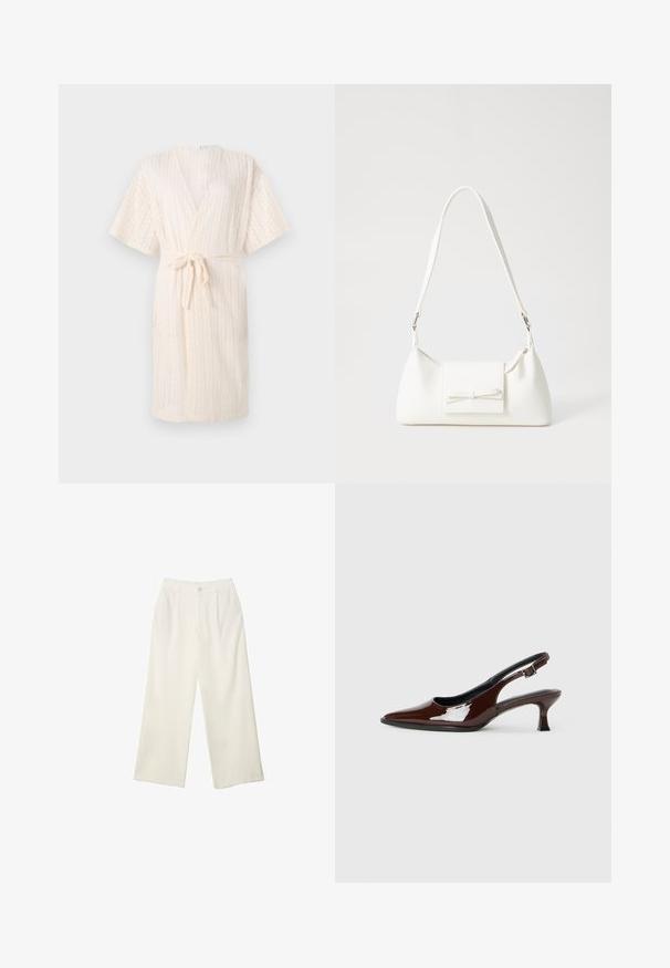 Svetlo béžový kimono štýlový župan s viazaním v páse, so štruktúrovaným vzorom v tvare chevron a krátkymi rukávmi, vyrobený z priedušnej tkaniny.; Biele tričko s krátkym rukávom a okrúhlym výstrihom, vyrobené z mäkkého bavlneného materiálu, s jednoduchým a čistým dizajnom bez viditeľných vzorov alebo doplnkov.; Široké nohavice z krémovej látky s hladkou textúrou, s jedným predným gombíkom, jemnými skladmi a vysokým pásom.; Hnedá lakovaná slingback obuv s špicatou špičkou a mierne vysokým opätkom. Obsahuje pracku pre bezpečné upevnenie. Hladká textúra.; Biela syntetická kabelka s trojuholníkovým tvarom, plochým predným klapkou a detailom mašle, nastaviteľným popruhom, hladkou textúrou a minimalistickým dizajnom.