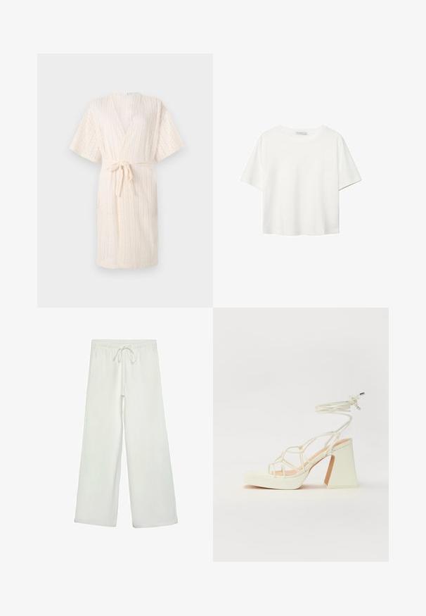 Helle beige Kimono-Robe mit Bindegürtel, ausgestattet mit einem strukturierten Chevron-Muster und kurzen Ärmeln, aus atmungsaktivem Material gefertigt.; Weißes T-Shirt mit kurzen Ärmeln aus Baumwolle. Hat einen Rundhalsausschnitt und eine lockere Passform. Glatte Textur ohne sichtbare Muster oder Akzente.; Weiße, weit geschnittene Hose aus weichem Stoff. Mit einem elastischen Bund und einem Kordelzug sowie einer glatten Oberfläche. Keine sichtbaren Muster oder Hardware.; Weiße High-Heel-Sandale mit einem klobigen Absatz, die über ein Riemchendesign und ein Knöchelband verfügt. Glatte Textur mit einer Plattform vorne für zusätzliche Höhe.