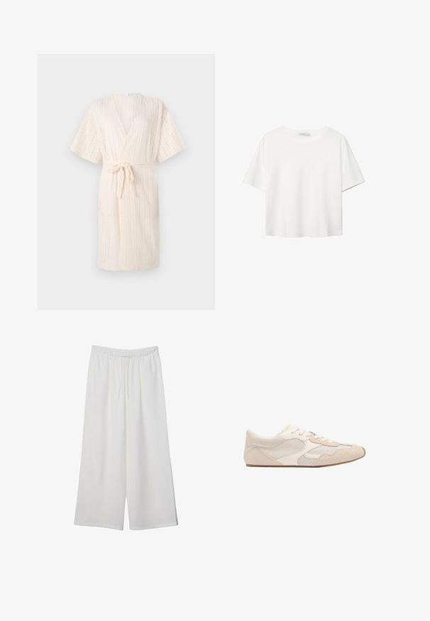 Jasnobeżowy szlafrok w stylu kimono z wiązaniem w talii, z wyraźnym wzorem w zygzaki i krótkimi rękawami, wykonany z przewiewnego materiału.; Biała koszulka z krótkim rękawem, wykonana z bawełny. Posiada okrągły dekolt i luźny krój. Gładka faktura bez widocznych wzorów czy akcentów.; Białe szerokie spodnie wykonane z lekkiego materiału, z elastyczną talią i sznurkiem do regulacji fasonu. Gładka tekstura.; Beżowe buty sportowe z połączeniem materiałów siatkowych i zamszowych, zaokrąglony czubek oraz sznurówki. Teksturowane akcenty na górnej części zwiększają przyczepność.