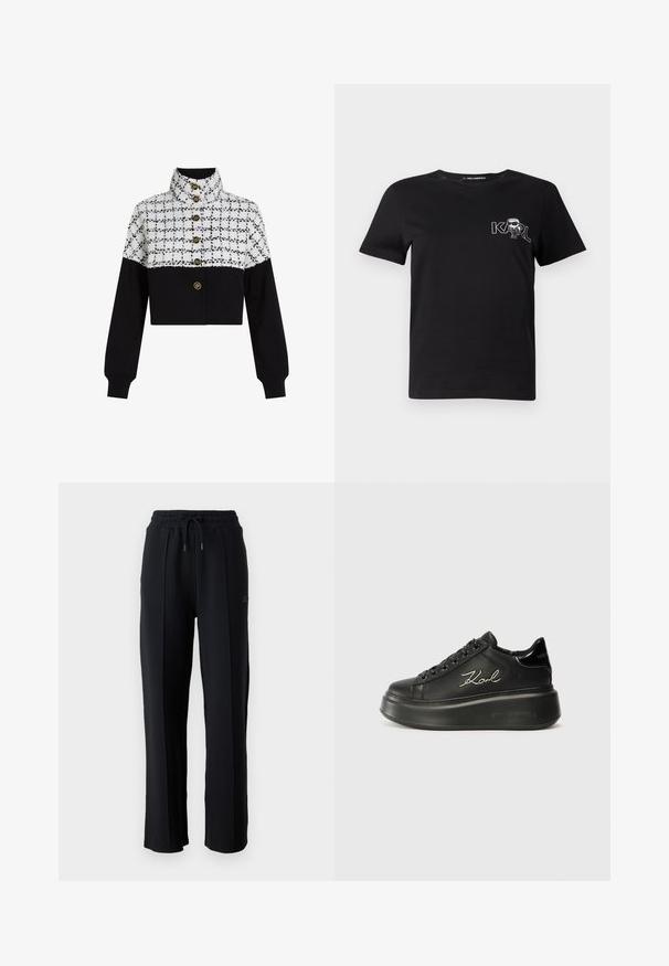 Giubbotto corto con una texture a scacchi bianco e nero nella parte superiore e tessuto nero solido nella parte inferiore. Quattro bottoni dorati adornano la parte frontale.; T-shirt nera a maniche corte in cotone. Presenta una grafica bianca con il testo "KARL" e una figura stilizzata sul petto. Collo rotondo.; Pantaloni della tuta neri con una vestibilità rilassata, vita elastica, cordoncino regolabile e cuciture verticali lungo le gambe. Tessuto morbido.; Sneaker platform neri con tomaia in pelle liscia, lacci piatti e logo "Karl" ricamato di lato. Punta arrotondata e suola spessa.