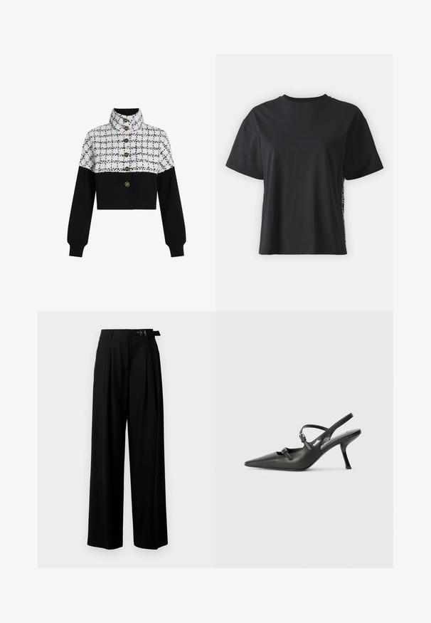 Kratka jakna z belo-črnimi karo vzorci na zgornjem delu in enobarvnim črnim materialom na spodnjem delu. Spredaj je okrašena s štirimi zlatimi gumbi.; Črna bombažna majica s kratkimi rokavi, sproščenega kroja z kontrastnim stranskim panelom, ki vsebuje majhne besedilne in oblikovne podrobnosti.; Črne široke hlače z visokim pasom, gubami spredaj in pasom z zaponko. Narejene so iz gladkega, lahkega materiala.; Črne usnjene sandale na peto s koničastim nosom, vitko peto in okrasno zaponko na sprednjem delu. Gladka tekstura in eleganten dizajn.