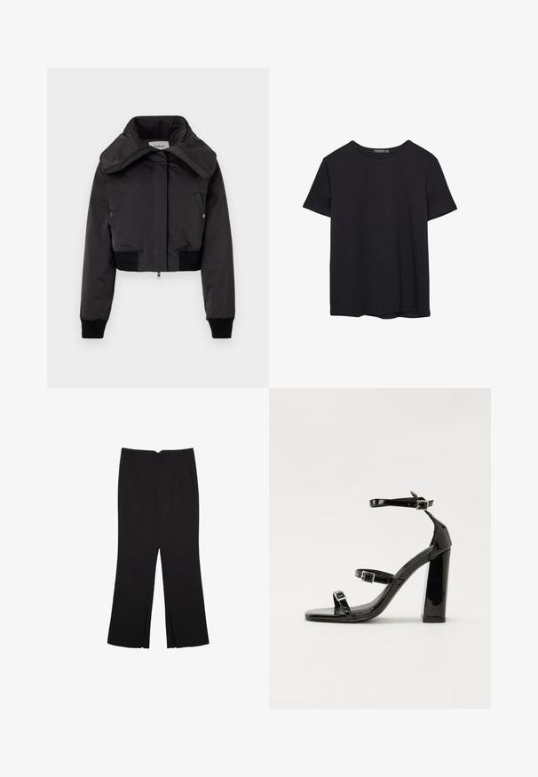 Replay JACKET - Bomberjakke - black; Simpel sort kortærmet bomulds T-shirt med rund hals, præsenteret på en hvid baggrund.; Sorte bukser med lige pasform, der har frontlommer og slidser i kanten. Lavet af blødt, glat stof. Velegnet til forskellige anledninger.; Sorte laklædersandaler med høje hæle, to spænderemme, firkantet tå og en kraftig blokhæl, der har en glat, blank overflade.