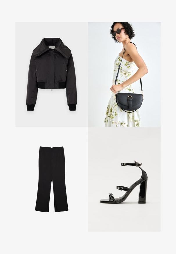 Replay JACKET - Bomberjacke - black; Einfaches schwarzes T-Shirt aus Baumwolle mit kurzen Ärmeln und Rundhalsausschnitt, auf einem weißen Hintergrund dargestellt.; Schwarze Hose mit geradem Schnitt, ausgestattet mit Fronttaschen und Seitenschlitzen am Saum. Hergestellt aus weichem, glattem Stoff. Geeignet für verschiedene Anlässe.; Schwarze patentierte Sandalen mit Absatz, quadratischer Spitze, Knöchelriemen und silbernen Schnallen. Mit einem stabilen Blockabsatz für mehr Stabilität.; Schwarze Lederhandtasche mit geschwungener Form, abnehmbarem Tragegurt und goldenen Beschlägen. Die Tasche verfügt über einen Deckel mit einer Schnallen-Details.