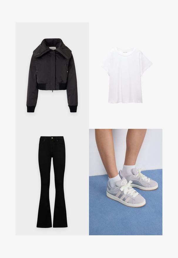 Replay JACKET - Bomberjakke - black; Hvid T-shirt lavet af blødt, let stof. Har en rund halsudskæring og korte, brede ærmer med en afslappet pasform. Ingen synlige mønstre.; Sorte højtaljede jeans med knap- og lynlåslukning, forlommer og flagrende ben, lagt fladt på en hvid baggrund.; Grå ruskinds sneakers med hvide snørebånd og gummisål, udstyret med tre diagonale striber på siden og et logo-patch på tungen.