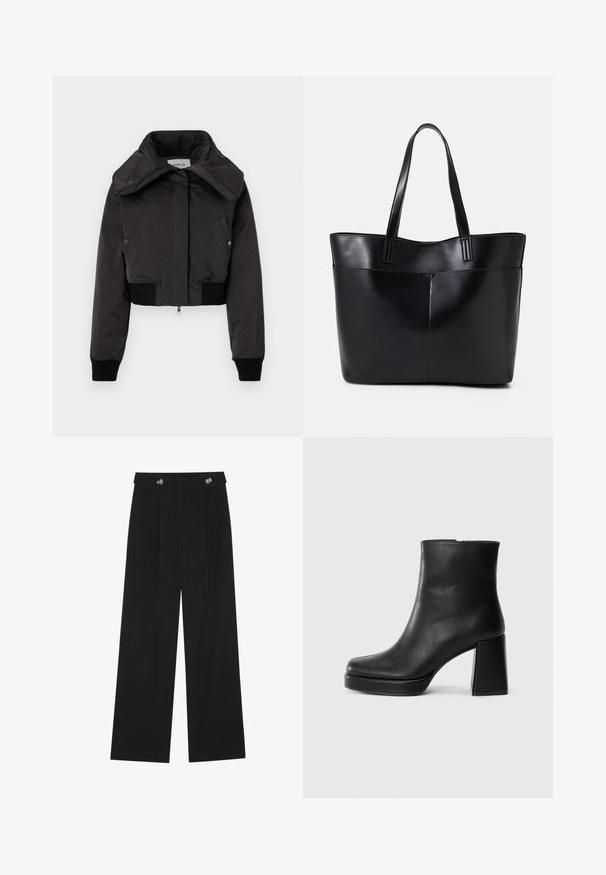 Replay JACKET - Bomber Jacket - black; Black long-sleeve top featuring flared cuffs, soft texture, and a relaxed fit, with a simple round neckline.; Black wide-leg trousers with high waist, button details on waistband, and front pleats.; Black leather ankle boot with a block heel and platform sole, viewed from the side on a plain white background.; Black leather tote bag with two long handles, a smooth texture, and a structured shape. Features a front pocket for additional storage.