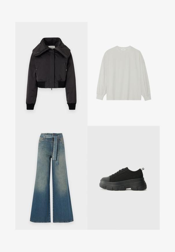 Replay JACKET - Bomberjakke - black; Lys grå langærmet t-shirt lavet af blød bomuld. Har en løs pasform, rund halsudskæring og let indsamlede manchetter. Ingen mønstre eller grafikker.; Bredbens-denimbukser med en lys til mørk blå gradient, høj talje, bælteløkker og et matchende stofbælte. Tekstureret denimfinish.; Sorte sneakers med en kraftig gummisål, tekstureret stofoverdel, rund tå og snørredesign. Har forstærkede snørrehuller og en trækkrog bagpå.