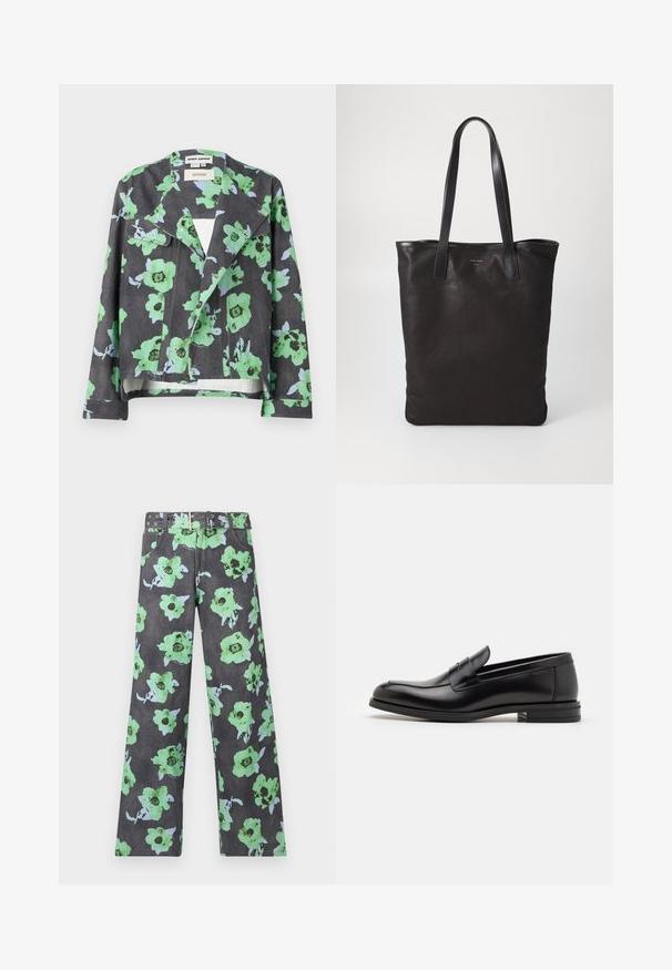 Kvetinová bunda s čiernym pozadím, veľkými zelenými a modrými kvetmi, s klopovým golierom a prednými vreckami. Vyrobená z textúrovanej látky.; Biely dlhý rukáv košeľa s gombíkmi vyrobená z bavlny, s náprsného vrecka s tonálnou výšivkou, golierom a gombíkovými manžetami.; Kvetinové nohavice v tmavosivej farbe s veľkými zelenými a modrými kvetmi. Súčasťou je zodpovedajúci opasok s viacerými cvočkami a očkami.; Čierne kožené mokasíny s hladkou textúrou, zaoblenou špičkou a dekoračným pásikom cez priehlavok. Nízky vrstvený opätok, minimalistický dizajn.; Čierna plátená taška s čiernymi koženými ušami. Jednoduchý dizajn, priestranné telo a hladká textúra. Žiadne viditeľné logo ani vzory.