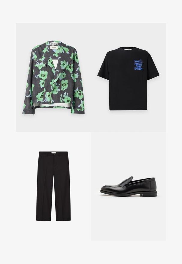 Veste florale avec un fond noir, de grandes fleurs vertes et bleues, un col à revers et des poches avant. Fabriquée en tissu texturé.; T-shirt noire en coton à manches courtes, avec le texte bleu "PROTÉGEZ VOTRE ÉNERGIE" et un design graphique sur le côté supérieur gauche.; Pantalons larges noirs en tissu lisse. Comprend une fermeture avec bouton et zip, deux poches avant et une finition ourlée nette.; Mocassins en cuir noir avec une texture lisse, bout rond et une sangle décorative sur le dessus. Talon bas empilé, design minimaliste.