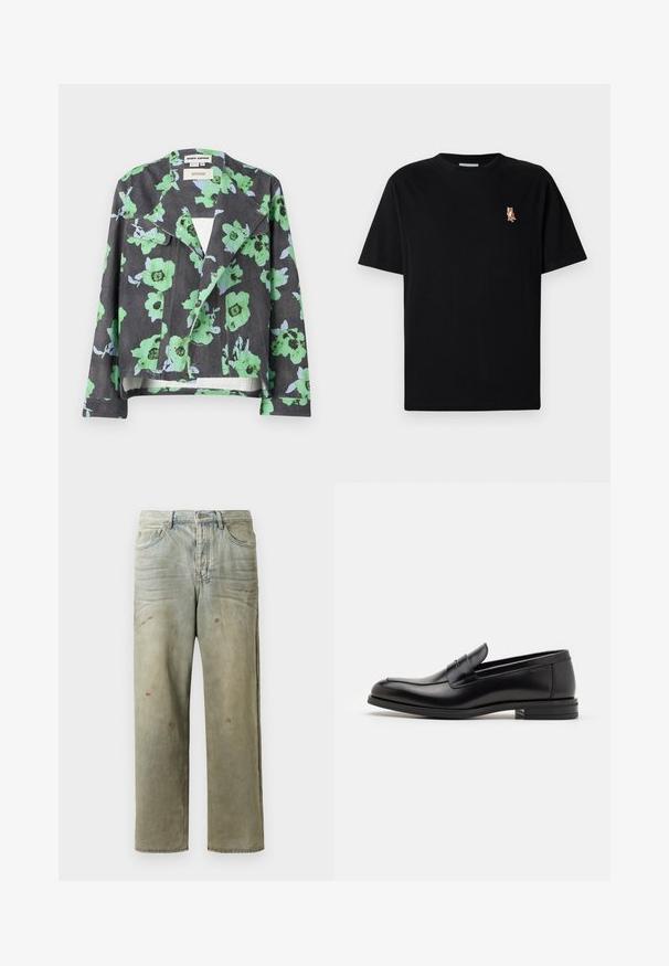Veste florale avec un fond noir, de grandes fleurs vertes et bleues, un col à revers et des poches avant. Fabriquée en tissu texturé.; T-shirt noir à manches courtes, col rond, avec un petit logo de renard orange brodé sur la poche gauche.; Jeans en denim déchiré de couleur vert clair, avec une coupe droite, un design à cinq poches et un délavage inégal agrémenté de taches de peinture.; Mocassins en cuir noir avec une texture lisse, bout rond et une sangle décorative sur le dessus. Talon bas empilé, design minimaliste.
