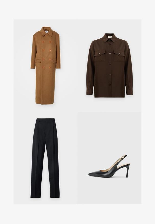 Filippa K DOUBLE BREASTED BRUSHED - Palton clasic - light brow; Cămașă lungă, cu mâneci lungi, de culoare maro închis, cu două buzunare frontale cu clapetă și guler clasic, expusă pe un fundal alb simplu.; Pantaloni negri dintr-un material neted, cu talie înaltă, picioare largi, pliuri frontale și loop-uri clasice pentru curea. Fără buzunare laterale vizibile.; Cizme negre din piele cu toc înalt slingback, cu vârf ascuțit, curea ajustabilă și un toc stiletto elegant, având un finisaj neted.