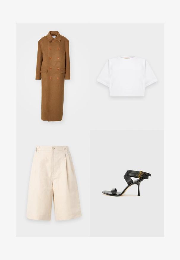Filippa K DOUBLE BREASTED BRUSHED - Classic coat - light brow; Cropped white t-shirt made of soft fabric, featuring short sleeves, a round neckline, and ribbed hem details. Simple and unembellished design.; Beige linen shorts with a relaxed fit, featuring a button closure, pleated design, and knee-length cut. Smooth texture and simple style.; Black heeled sandal with crossed straps and adjustable buckle. Features a smooth texture and tapered stiletto heel.