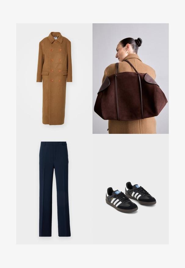 Filippa K DOUBLE BREASTED BRUSHED  - Classic coat - light brow; White turtleneck long sleeve top, made from smooth fabric. Fitted design with minimal seams, featuring a high neck and a straight hem.; Navy blue trousers made of smooth fabric, featuring a straight leg design with front pleats and side pockets for a tailored look.; Black sneakers with a suede and synthetic upper, featuring three white stripes, textured rubber sole, and blue logo tag on the tongue.; Brown suede handbag with dark leather accents, featuring a structured shape and dual straps, held over the shoulder against a beige coat.