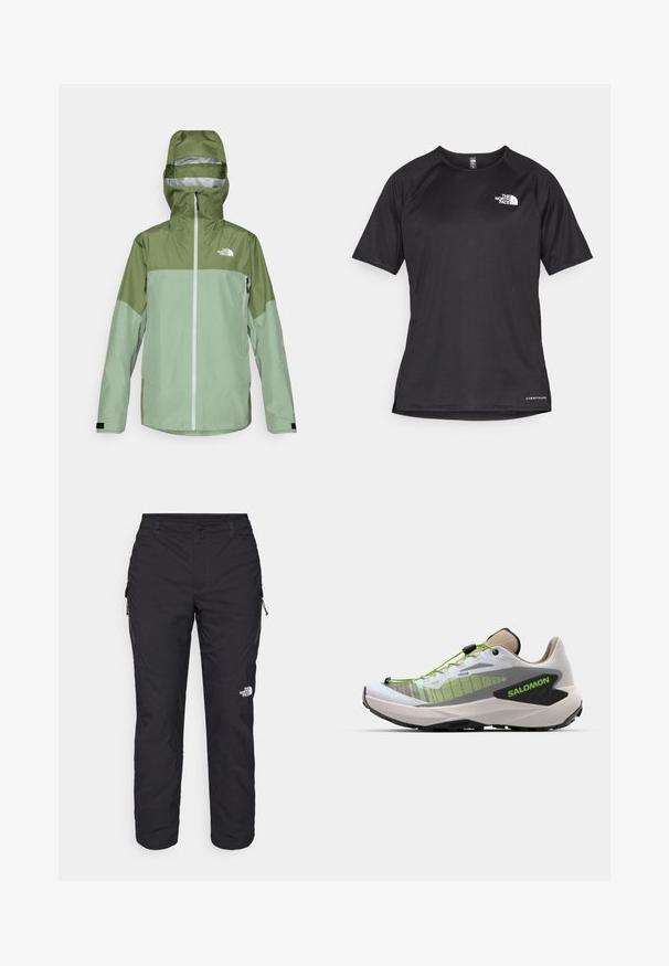 Roheline veekindel jakk kapuutsiga, millel on kahe tooni disain, eesmine lukku ja logo vasakul ülemisel rinnal. Tekstuuriga kangas.; Must mustreening, lühikeste varrukatega sportpoliis, millel on tekstuuriga kangas, valge logo vasakul rinnal ja sirge äär.; The North Face WINTER EXPLORATION TAPERED CARGO - Õuepüksid - black; Salomon GENESIS - Metsajooksu tossud - white/oxford tan/green gecko
