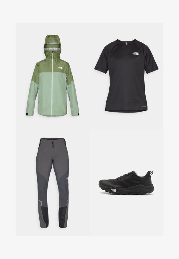 Veste imperméable verte avec capuche, présentant un design bicolore, une fermeture éclair à l'avant et un logo sur le haut de la poitrine gauche. Finition en tissu texturé.; T-shirt de sport noir à manches courtes avec un tissu texturé, arborant un logo blanc sur la poitrine gauche et un ourlet droit.; Pantalons de randonnée gris avec une coupe fuselée, plusieurs poches et des accents noirs et gris foncé contrastants. Fabriqués en un matériau flexible et durable.; Chaussure de trail running noire avec une tige texturée, semelle en caoutchouc et bout renforcé. Présente un col rembourré et une tirette pour un enfilage facile.