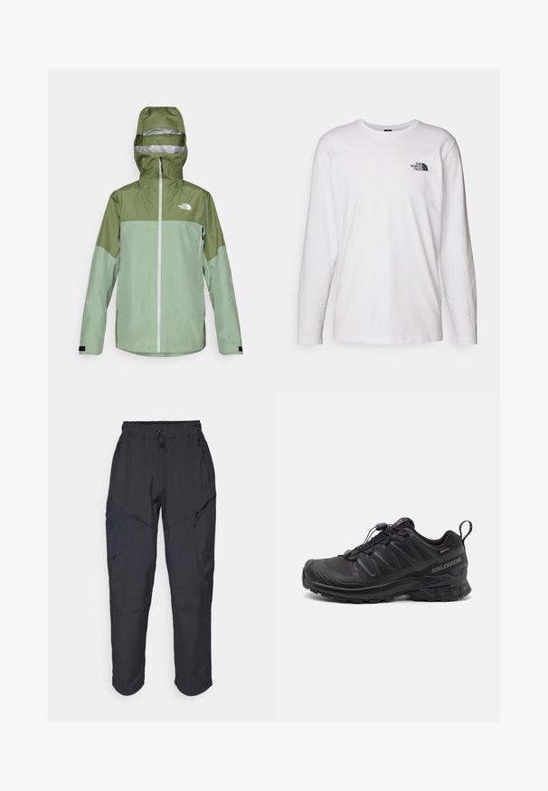 Giacca impermeabile verde con cappuccio, caratterizzata da un design bicolore, cerniera frontale e logo sul lato sinistro del petto. Finitura in tessuto testurizzato.; T-shirt bianco a maniche lunghe in cotone con colletto rotondo. Presenta un piccolo logo nero sul petto. Texture liscia, vestibilità regolare.; Pantaloni cargo neri realizzati in un materiale leggero e resistente all'acqua; presentano una vita elastica, diverse tasche con zip e gambe affusolate.; Scarpa sportiva nera con parte superiore in sintetico testurizzato, suola imbottita e sistema di allacciatura rapida. Presenta una punta e un tallone rinforzati.