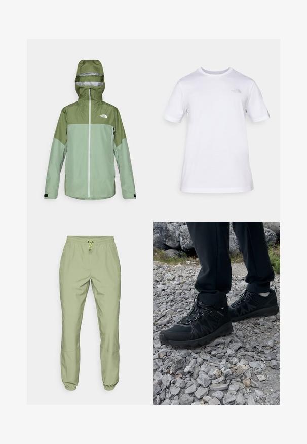 Giacca impermeabile verde con cappuccio, caratterizzata da un design bicolore, cerniera frontale e logo sul lato sinistro del petto. Finitura in tessuto testurizzato.; T-shirt bianco in cotone con maniche corte e collo rotondo. Presenta un piccolo logo grigio sul petto sinistro. Tessuto morbido, vestibilità standard.; Pantaloni sportivi verde chiaro con vita elasticizzata, chiusura con lacci e polsini alle caviglie; presentano due tasche laterali e una superficie liscia.; Scarpe da esterni nere realizzate in mesh e materiale sintetico, con una parte superiore testurizzata, un sistema di allacciatura sicuro e una suola robusta, su terreno roccioso.
