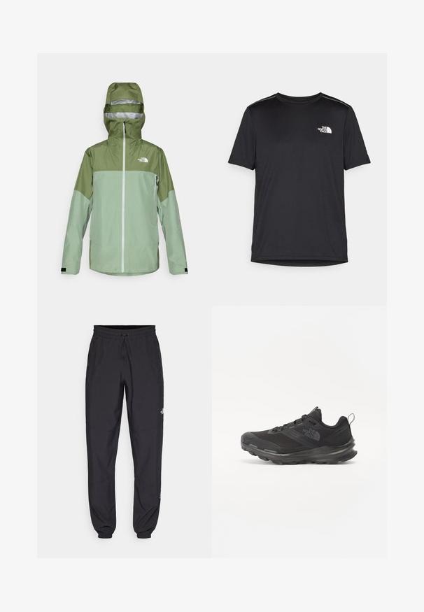 Green waterproof jacket with a hood, featuring a two-tone design, front zipper, and logo on the upper left chest. Textured fabric finish.; Black short-sleeve T-shirt made from lightweight fabric. Features a small white logo on the left chest and subtle shoulder accents.; Black athletic pants made from lightweight fabric, featuring a drawstring waistband, side pockets, and tapered cuffs at the ankles.; Black athletic shoe with mesh upper, rubber outsole, and padded collar. Features laces, logo on the side, and a textured design.