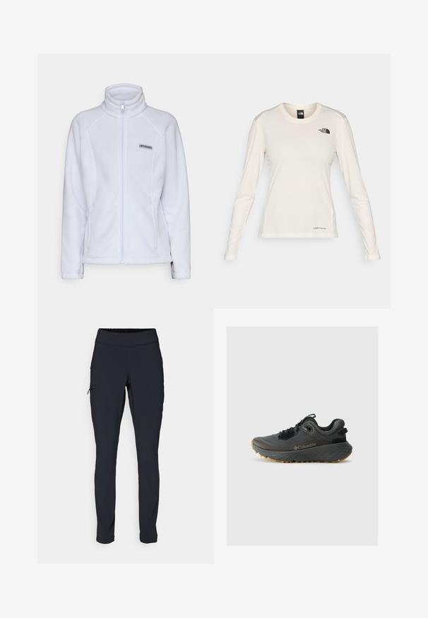 Columbia BENTON SPRINGS™ FULL ZIP - Polárdzseki - snowdrift; The North Face SHADOW LONG SLEEVE - Hosszú ujjú felső - white dune; Fekete sportnadrág karcsúsított fazonnal, rugalmas derékrésszel és cipzáras oldalzsebbel. Simító, elasztikus anyag minimális varrásokkal.; Columbia TERRASTRIDE CRZ - Túracipők - shark/black