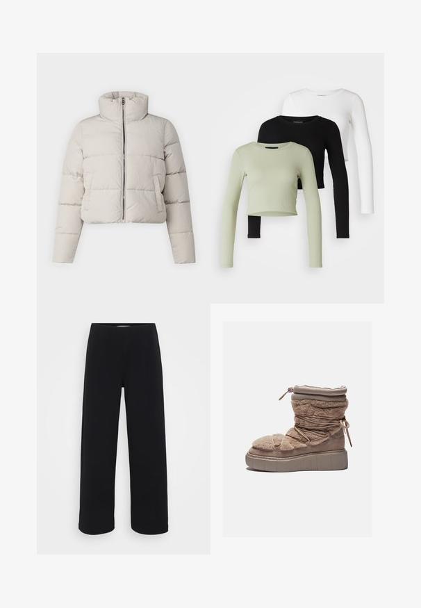 Beige lyhyt toppatakki korkealla kauluksella, vetoketjulla edessä ja vaakasaumadetailingeilla. Pehmeä rakenne ja kevyt kangas.; Even&Odd Petite 3 PACK - Pitkähihainen paita - black/white/light green; Mustat leveät housut elastisella vyötäröllä. Valmistettu tekstuuritetusta materiaalista, jossa on rento istuvuus ja suora leikkaus lantion kohdasta helmaan.; Nilkkurit, joissa on pörröinen beige väri, paksu pohja, rypytetty päällinen ja joustavat nauhat. Varustettu vetoketjulla ja pehmeällä kangastekstuuri.