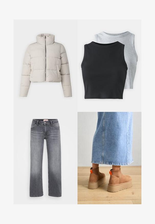 Jachetă bej, tip puffer, scurtă, cu guler înalt, fermoar frontal și detalii cu cusături orizontale. Textură moale și material ușor.; Even&Odd Petite 2 PACK - Top - light grey/black; Jeans gri din denim cu un design drept, stil cu cinci buzunare, decolorare subtilă și închidere cu buton la talie.; Botine maro din suede cu platformă, cu panouri elastice pe laterale și mânere portocalii, asortate cu o fustă din denim deschis până la genunchi, pe un podea din lemn.