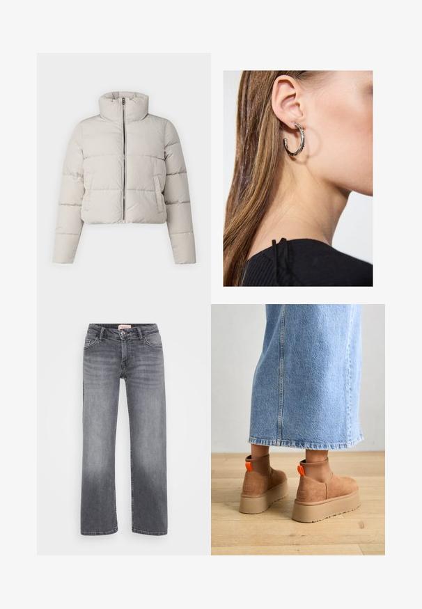 Béžová skrátená puffrová bunda s vysokým golierom, so zipsom vpredu a horizontálnymi švami. Mäkká textúra a ľahký materiál.; Even&Odd Petite 2 PACK - Top - light grey/black; Sivé džínsy s rovnými legami, pätkový strih, jemné vyblednutie a gombíkový uzáver v páse.; Hnedé zamskové platformové čižmy s elastickými bočnými panelmi a oranžovými ťahákmi, v kombinácii s sukňou z ľahkého denimu po kolená, na drevenej podlahe.; Strieborná kruhová náušnica s lesklým povrchom, obsahujúca malé zlaté akcenty a okrúhly tvar, nosená na lalôčiku ucha.