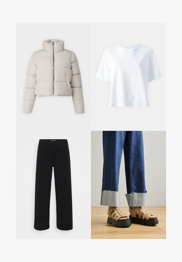 Beige avkortet pufferjakke med høy krage, glidelås foran og horisontale sømdetaljer. Myk tekstur og lett stoff.; Hvit bomulls t-skjorte med rund hals, korte ermer, løs passform og jevn tekstur. Ingen mønstre eller aksenter synlige.; Svart bukser med vid benvidde og elastisk midjebånd. Laget av et strukturert materiale, med en løs passform og rett snitt fra hoftene til sømmen.; Beige plattform sandaler med kraftige sorte såler, med flere stropper for støtte. Kombinert med lyseblå oppbrettede denimjeans.