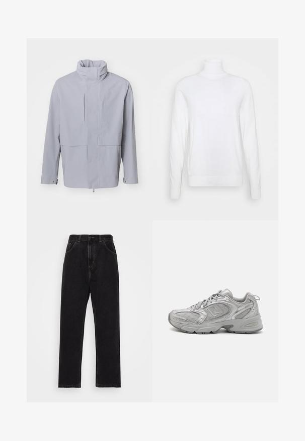 Világosszürke dzseki magas gallérral, gombos záródással és rövidített dizájnnal. Simasága és minimalista stílusa jellemzi, látható minták nélkül.; Fehér garbópulóver hosszú ujjakkal, sima anyagból készült. Illeszkedő fazonú, bordázott mandzsettákkal és alsó szegéllyel rendelkezik. Nincs rajta minta vagy díszítés.; Fekete farmernadrág egyenes lábdesignnal, öt zsebbel, gombos és cipzáras bezárással, valamint kontrasztos sárga varrásokkal.; Ezüst sportcipő, amely sima dizájnú, hálós panelekből áll, párnázott nyelve van, texturált szintetikus felsőrésze van, és gumitalpa biztosítja a tapadást.